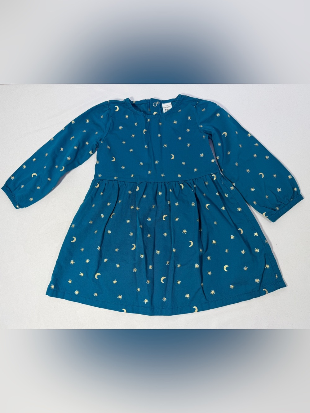 Carter’s Baby Toddler Girl Dress 24M Teal Gold Moon Stars Celestial Long Sleeve
